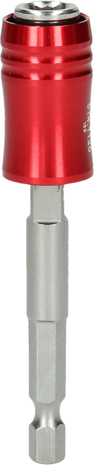 Czerwony magnetyczny uchwyt do bitów z srebrnym trzonkiem, używany do mocowania bitów w narzędziach do wkręcania, sfotografowany na białym tle.