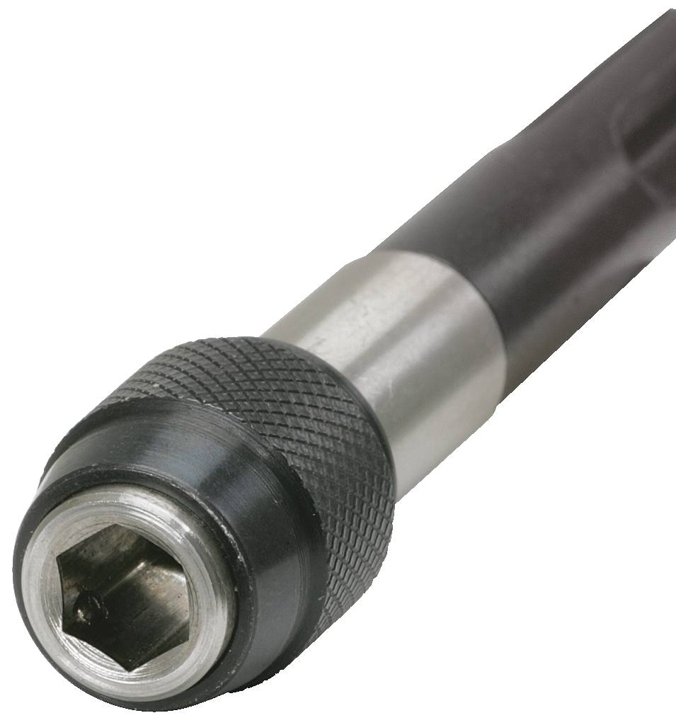 Zbliżenie uchwytu do końcówek wkrętakowych z karbowanym uchwytem i sześciokątnym gniazdem, przeznaczonego do osadzania końcówek wkrętakowych.