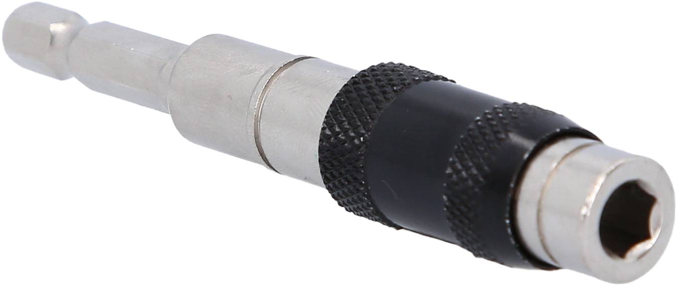 Srebrny magnetyczny przedłużacz do bitów z czarnym uchwytem, służący do mocowania grotów wkrętakowych w akumulatorowym wkrętaku.