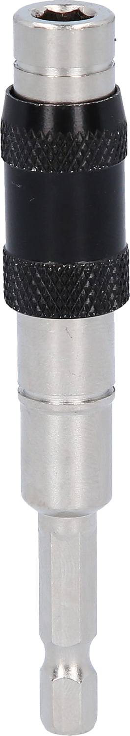 Metalowy uchwyt na końcówki wkrętakowe w kolorze srebrnym i czarnym.