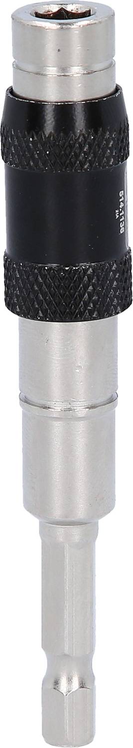 Srebrny magnetyczny uchwyt na bity z czarnym gumowym uchwytem. Stosowany do bezpiecznego trzymania i wyjmowania bitów w wkrętaku.