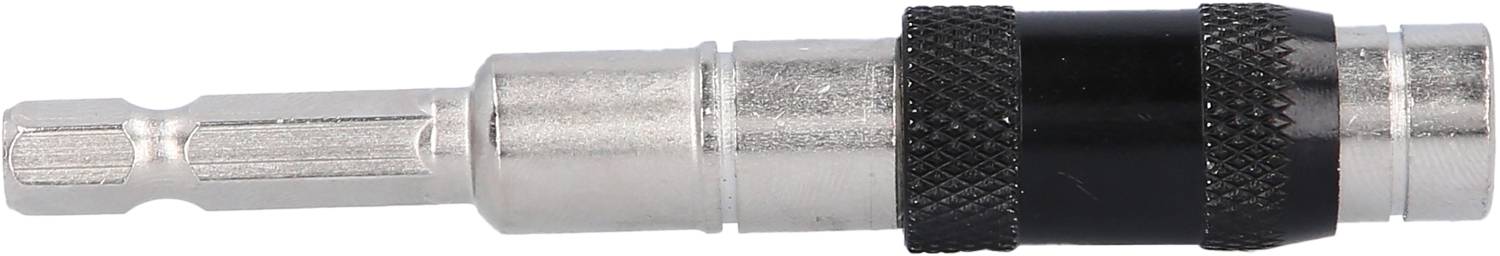 Metalowy adapter do bitów ze schwarzym uchwytem, odpowiedni do użycia z elektrycznym wkrętakiem.