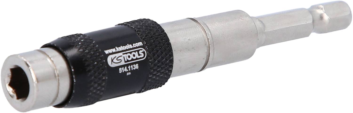 Uchwyt metalowy z sześciokątnym trzpieniem i żebrowanym czarnym uchwytem dla lepszego chwytu, używany do mocowania końcówek wkrętakowych.