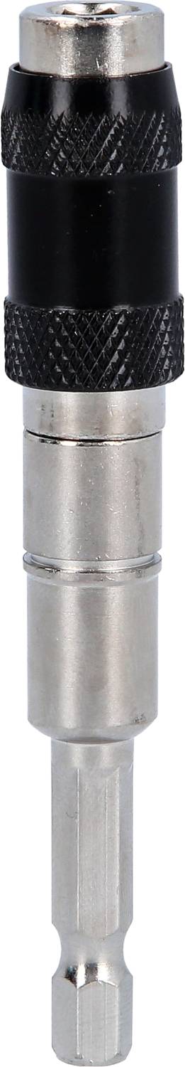 Metalowy adapter do bitów z szybką wymianą, z sześciokątną podstawą, czarną lakierowaną rękojeścią i chromowanym wykończeniem, przeznaczony do wkrętaków.