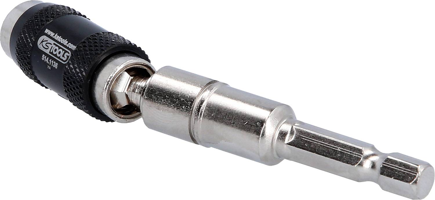 Srebrny adapter bitów z czarnym uchwytem i logo, odpowiedni do zastosowań narzędziowych.