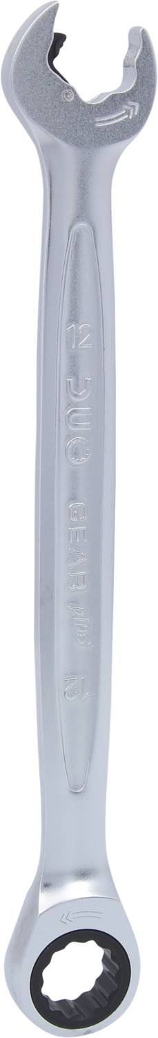 Srebrny klucz nastawny z otwartą i okrągłą szczęką, odpowiedni do różnych rozmiarów nakrętek i śrub.