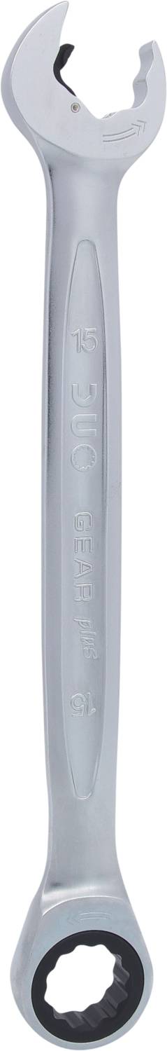 Srebrny klucz ringowy z otwartą i zamkniętą stroną, przydatny do dokręcania lub poluzowywania śrub i nakrętek.