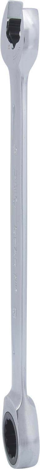 Srebrny klucz płasko-oczkowy z jedną otwartą i jedną zamkniętą stroną, używany głównie do dokręcania lub poluzowywania nakrętek i śrub.