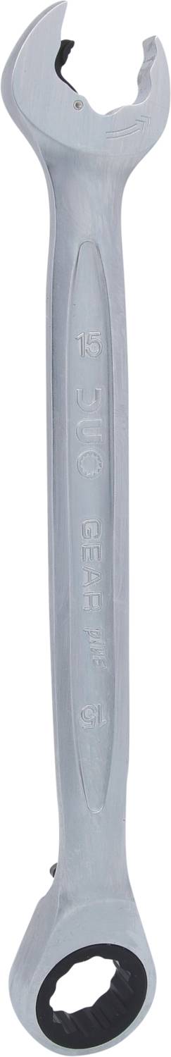 Srebrny klucz płasko-oczkowy z mechanizmem grzechotki, dostępny w rozmiarach 19 mm i 22 mm, przeznaczony do odkręcania śrub.