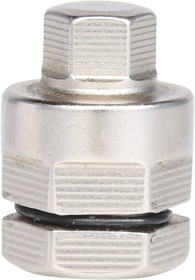 Metalowy łącznik śrubowy z sześciokątną główką i uszczelką gumową, ustawiony pionowo.