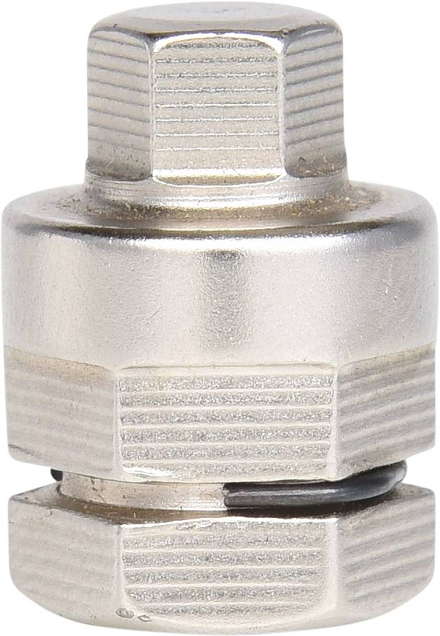 Metalowy adapter narzędziowy z sześciokątną główką i gumowym pierścieniem, stosowany do konserwacji roweru, przeznaczony szczególnie do zdejmowania kasety.