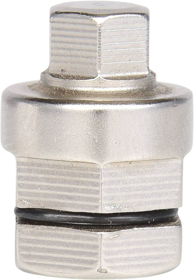 Metalowy adapter z sześciokątną końcówką gwintowaną i cylindrycznym korpusem, przydatny do łączenia różnych części mechanicznych.