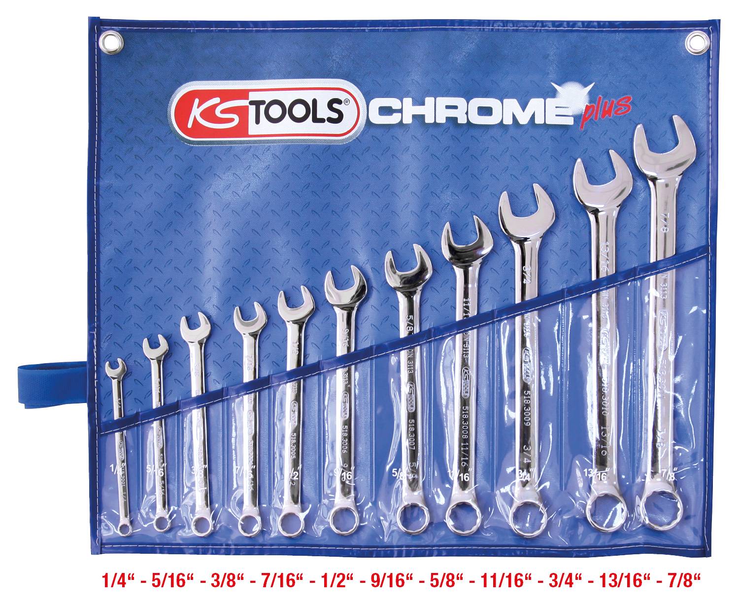 Zestaw dwunastu otwartych kluczy płaskich w niebieskim uchwycie z oznaczeniami rozmiarów od 1/4" do 7/8".