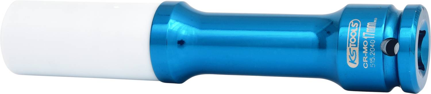 Niebieski specjalistyczny 17-milimetrowy klucz udarowy z białą osłoną ochronną firmy 'KS Tools'. Używany do delikatnego dokręcania nakrętek kół.