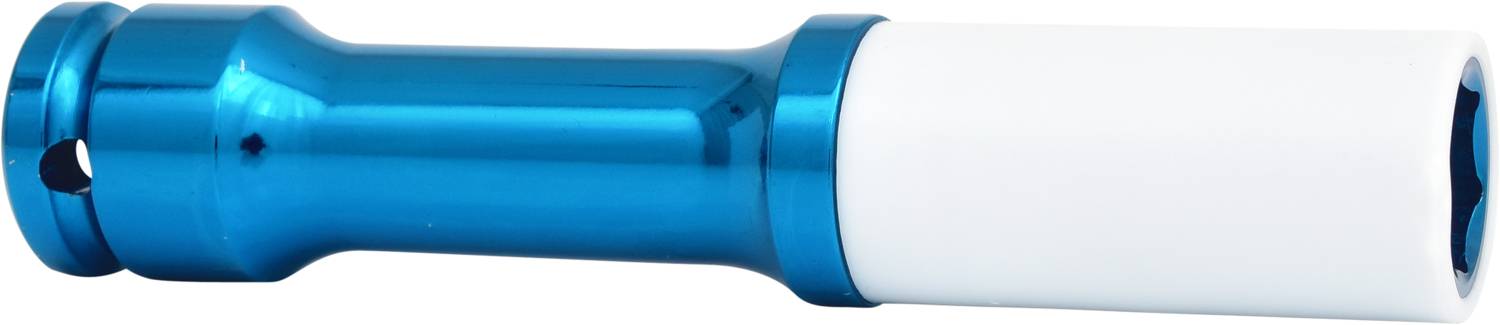 Niebieski nasadowy klucz do śrub z białą gumową osłoną do montażu felg.