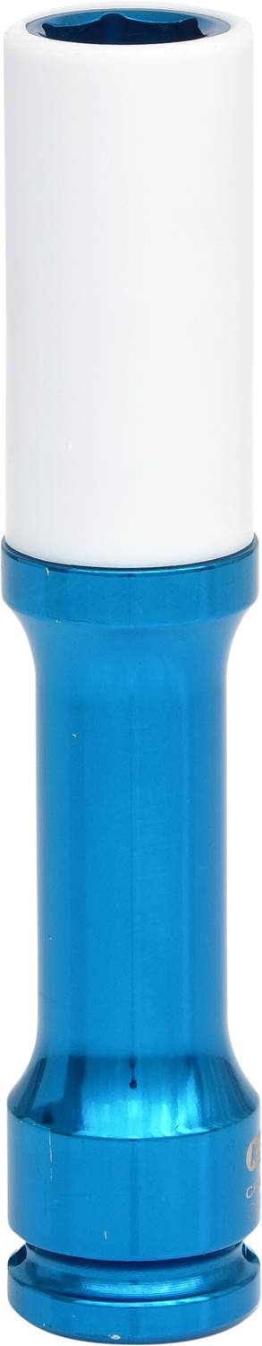 Niebieski cylindryczny metalowy przedmiot z białą, cylindryczną, prawdopodobnie zdejmowalną nakładką.