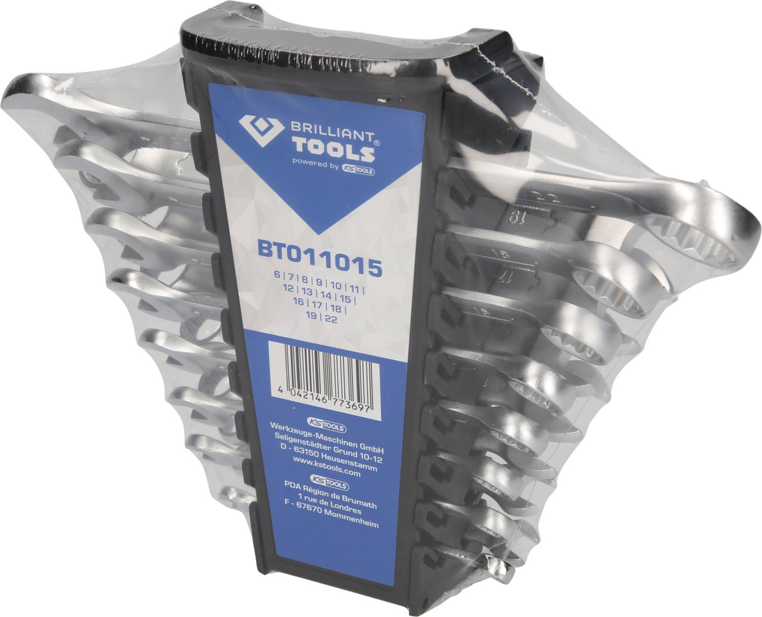 Zestaw ośmiu błyszczących kluczy płaskich w czarnym uchwycie, obejmujący zakres rozmiarów od 6 do 22 mm, z widocznym logo producenta.