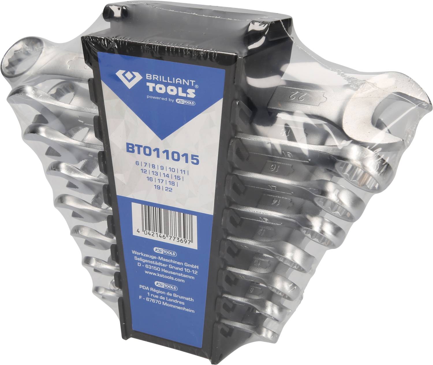 Zestaw kluczy płaskich w opakowaniu z tworzywa sztucznego. Etykieta wskazuje numer modelu 'BT011015' oraz rozmiary 6 - 22 mm.