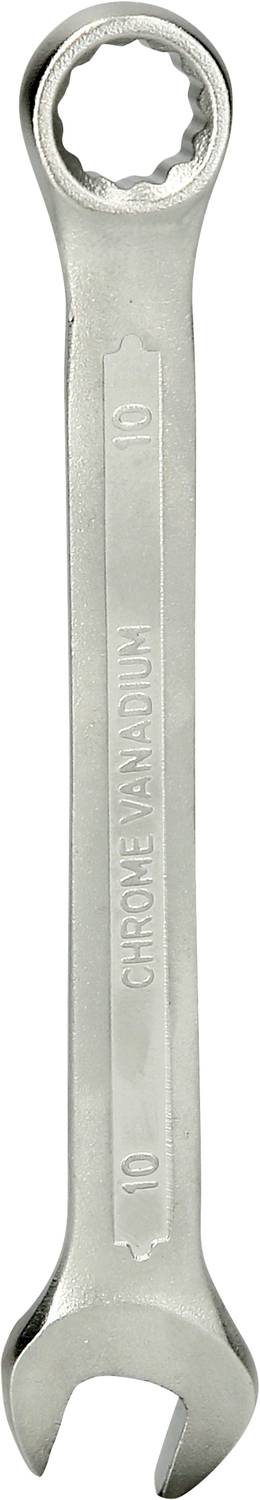 Srebrny klucz nastawny wykonany ze stali chromowo-wanadowej, z gwiazdkowatym otworem na górze i otwartym chwytem na dole.