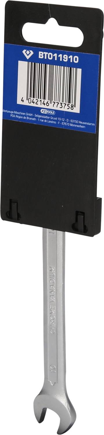 Klucz do śrub z zawieszką opakowaniową, numer artykułu BT011910. Odpowiedni do dokręcania lub odkręcania śrub, w kolorze srebrnym.
