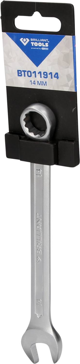 Klucz płasko-oczkowy marki Brilliant Tools, 14 mm, w opakowaniu. Klucz posiada stronę otwartą i zamkniętą.