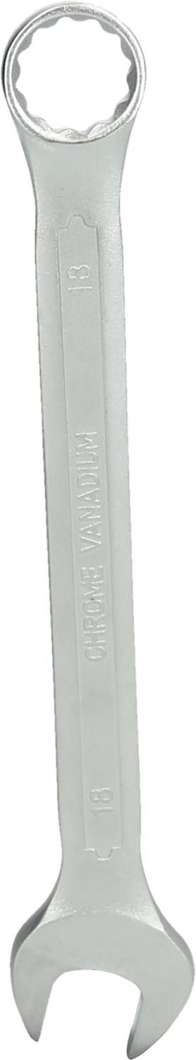 Srebrny klucz płasko-oczkowy z metalu, 13 mm, z jednym otwartym i jednym zamkniętym końcem, odpowiedni do śrub i nakrętek.