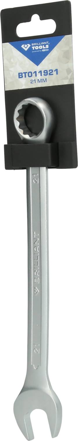 Srebrny klucz płasko-oczkowy o rozmiarze 21 mm, zawieszony na czarnym uchwycie z opakowaniem u góry.