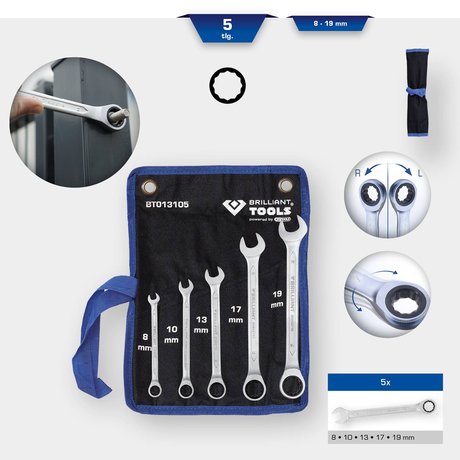 Pięcioczęściowy zestaw kluczy widełkowych. Zawiera klucze o rozmiarach od 8 do 19 mm. Pakowany w czarną torbę z pętlą do zawieszenia.