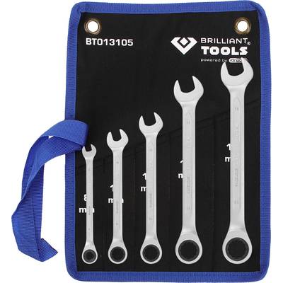 Zestaw pięciu kluczy nastawnych o różnych rozmiarach w niebieskiej torbie narzędziowej z napisem 'BRILLIANT TOOLS'.