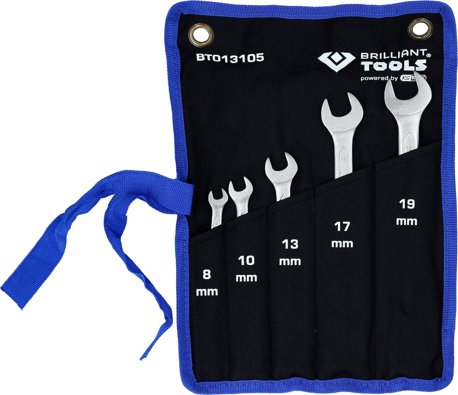 Zestaw kluczy płasko-oczkowych w niebieskim woreczku materiałowym, rozmiary od 8 mm do 19 mm, nazwa marki na górze.