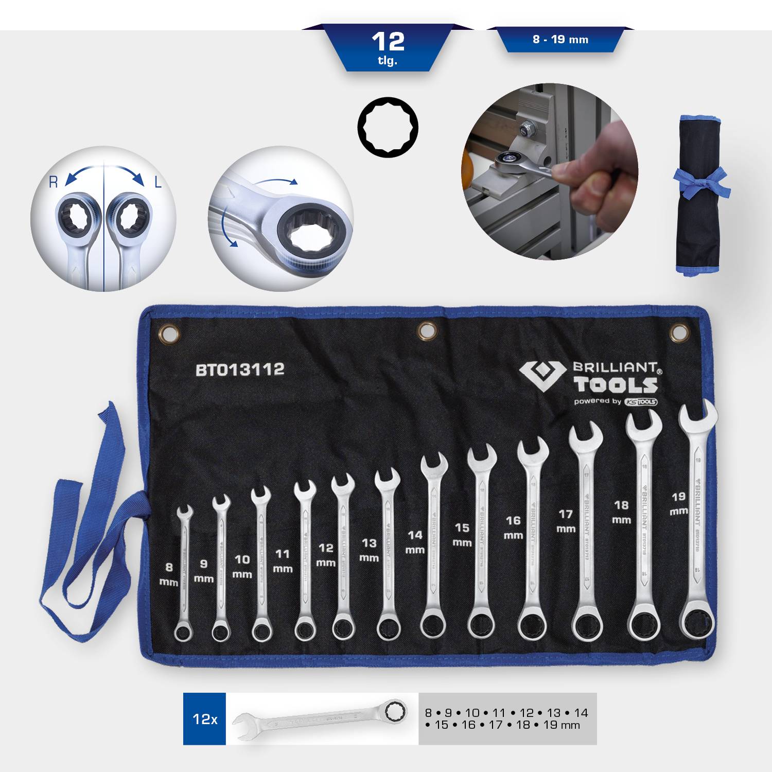 Zestaw kluczy pierścieniowo-płaskich 'Brilliant Tools' z 12 elementami o rozmiarach od 8 do 19 mm. Przedstawiony w otwartym etui, obejmujący różne rozmiary kluczy do śrub.