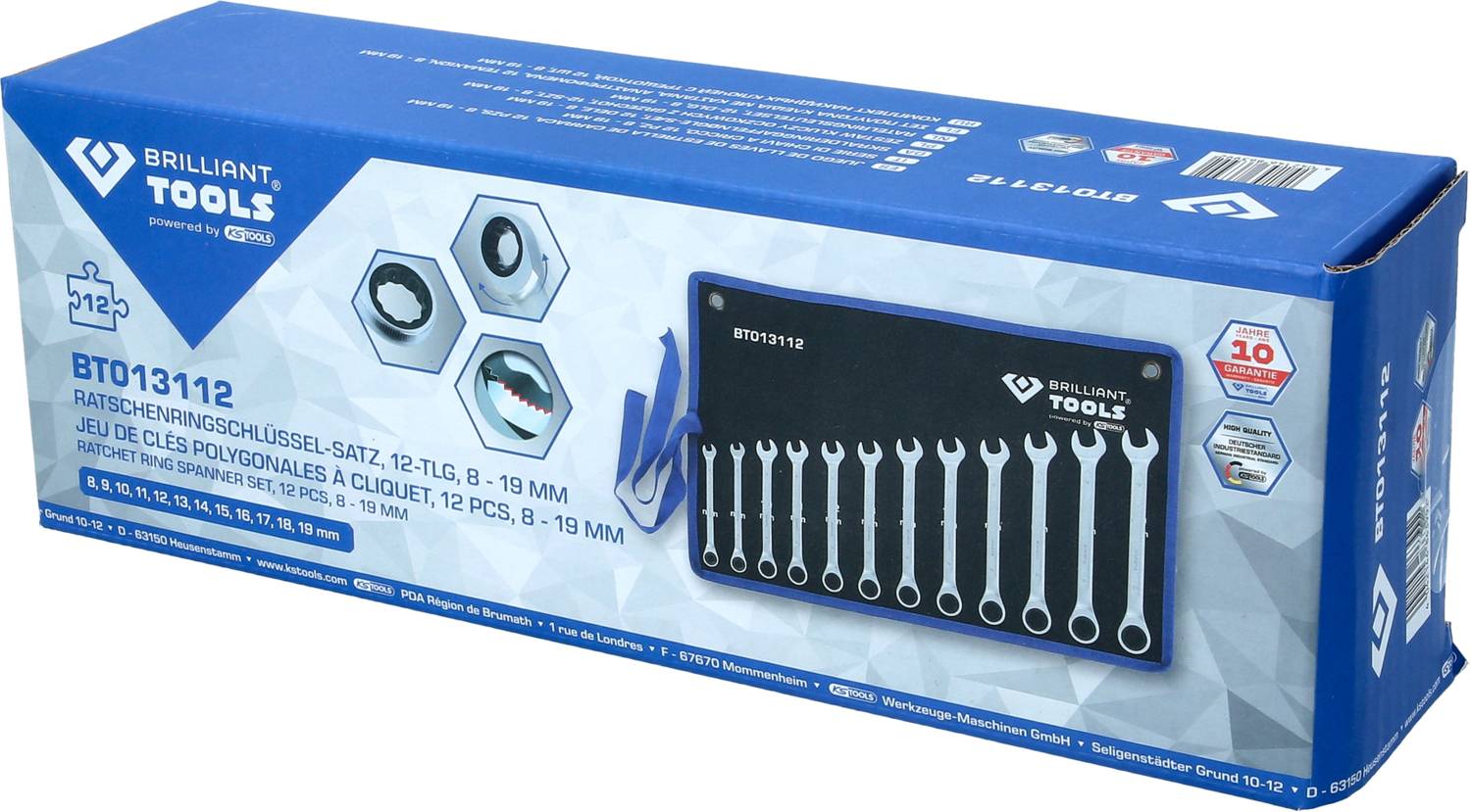 Opakowanie 12-elementowego zestawu kluczy zapadkowych o rozmiarach od 8 do 19 mm, przedstawione wraz z pudełkiem do przechowywania. Marka 'Brilliant Tools'.
