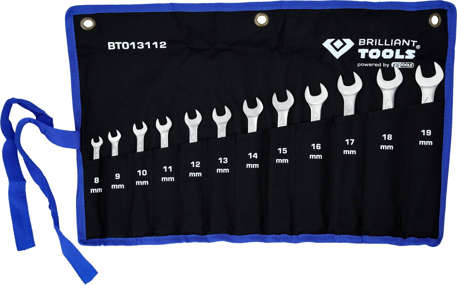 Zestaw kluczy płasko-oczkowych o rozmiarach od 8 mm do 19 mm w czarnej torbie narzędziowej z niebieskim obramowaniem.