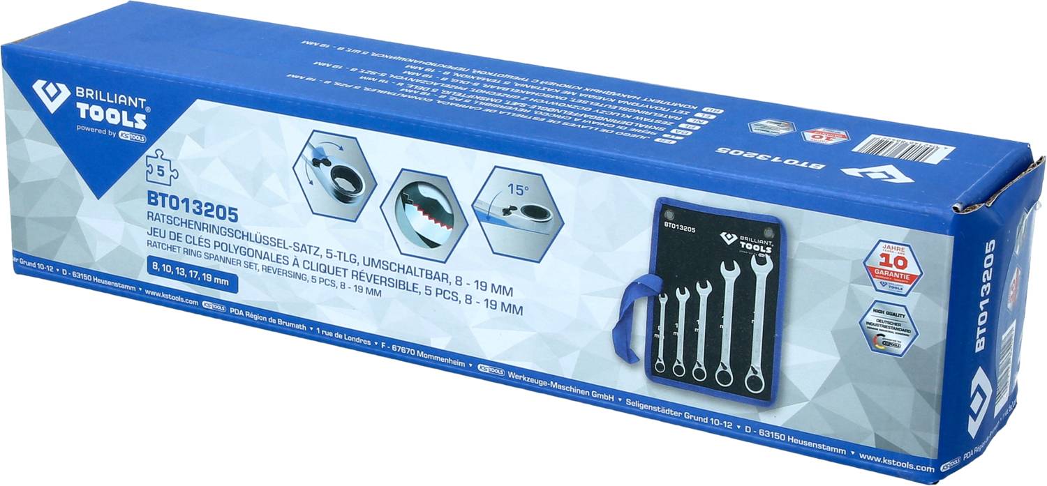 Zestaw kluczy nasadowych 'Brilliant Tools' BT013205, 5 elementów, rozmiary 8–19 mm, w niebieskim pudełku, z ilustracją zawartości i szczegółami technicznymi.