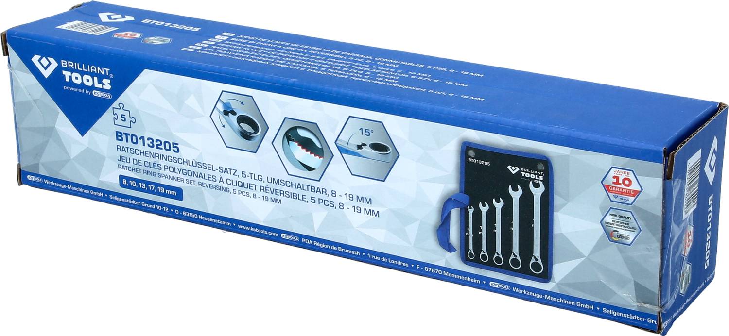 Opakowanie zestawu kluczy zapadkowych marki Brilliant Tools, prezentujące zdjęcia produktu oraz szczegóły techniczne.