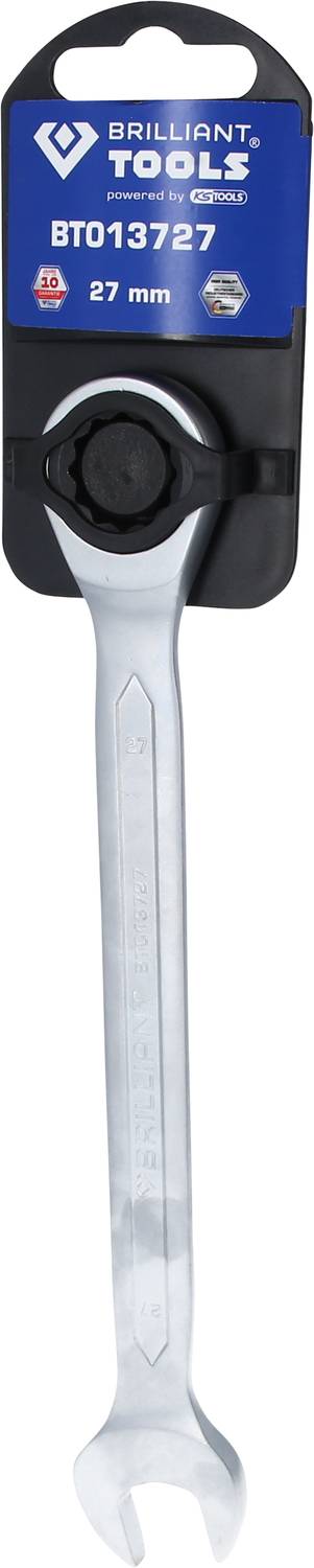 Klucz płaski 27 mm firmy Brilliant Tools w opakowaniu z czarnym uchwytem i niebieską etykietą.