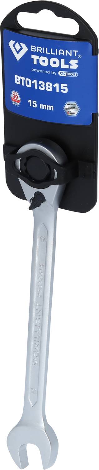 Klucz płaski 15 mm firmy Brilliant Tools na czarnej karcie opakowania, numer modelu BT013815.