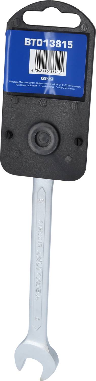 Klucz do wózka sklepowego w plastikowym uchwycie, model 'BT013815', niebieska etykieta u góry z kodem kreskowym.