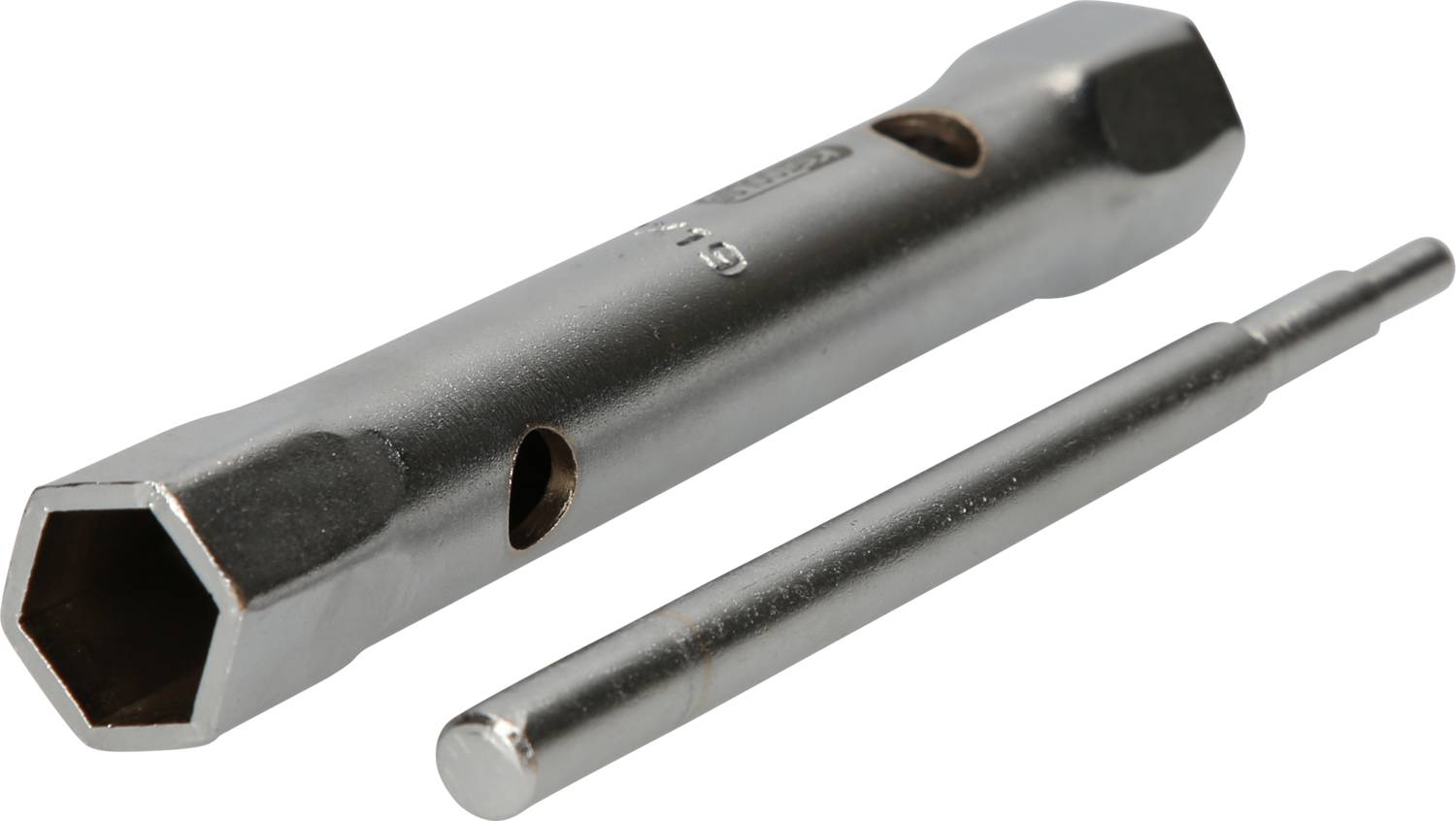 Sześciokątny klucz imbusowy w kolorze srebrnym wraz z odpowiednim metalowym trzpieniem, używane do odkręcania lub dokręcania śrub.