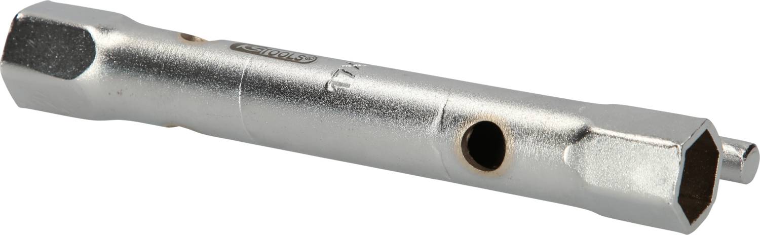 Srebrny podwójny klucz do rozporowych śrub z dwiema sześciokątnymi otworami, perforowany w środku. Odpowiedni do różnych rozmiarów śrub.