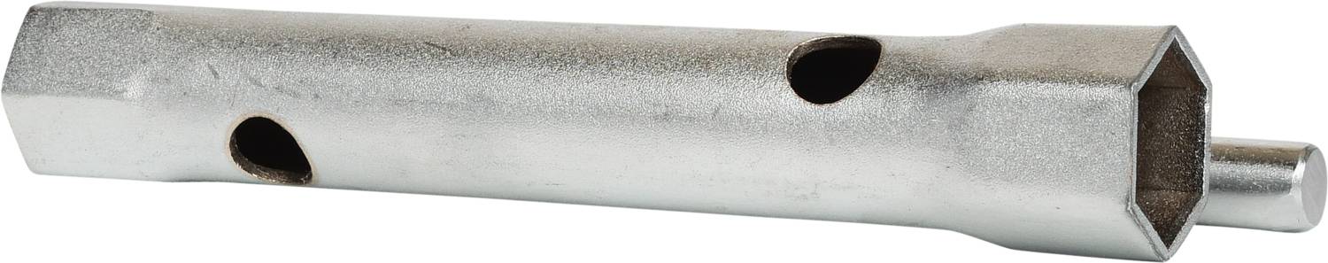Srebrny klucz do świec zapłonowych z sześciokątnym otworem i okrągłymi otworkami z boku do zamocowania dźwigni.