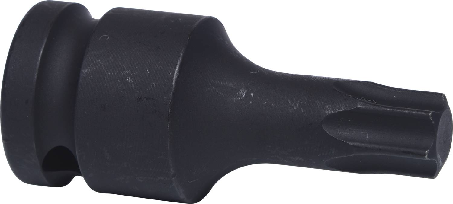 Czarny bit Torx z metalu z cylindrycznym trzpieniem i sześciokątnym zakończeniem. Odpowiedni do wkrętów Torx.