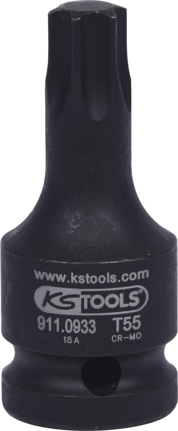 Nasadka Torx o profilu T55 firmy KS Tools. Czarne, wytrzymałe narzędzie wykonane ze stali CR-MO, przeznaczone do zastosowań mechanicznych.