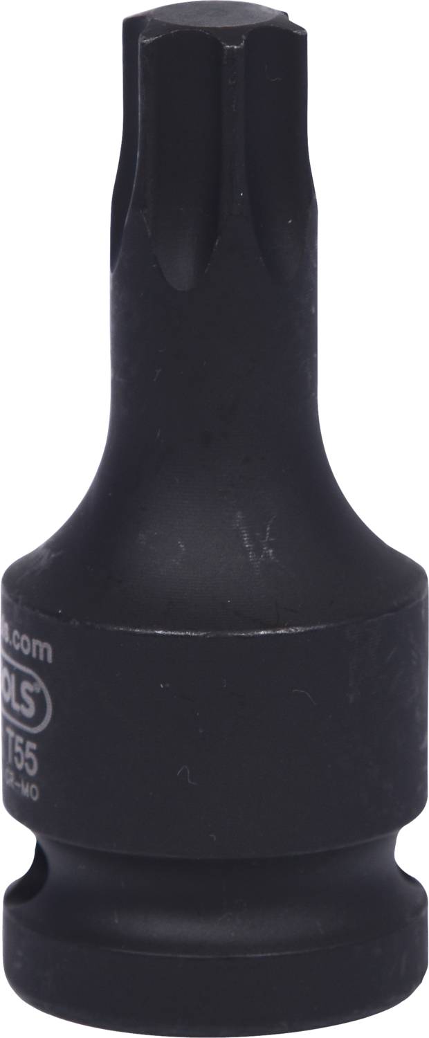 Czarny uchwyt bitowy Torx T55 z metalu, o cylindrycznym trzpieniu, odpowiedni do prac mechanicznych lub napraw.