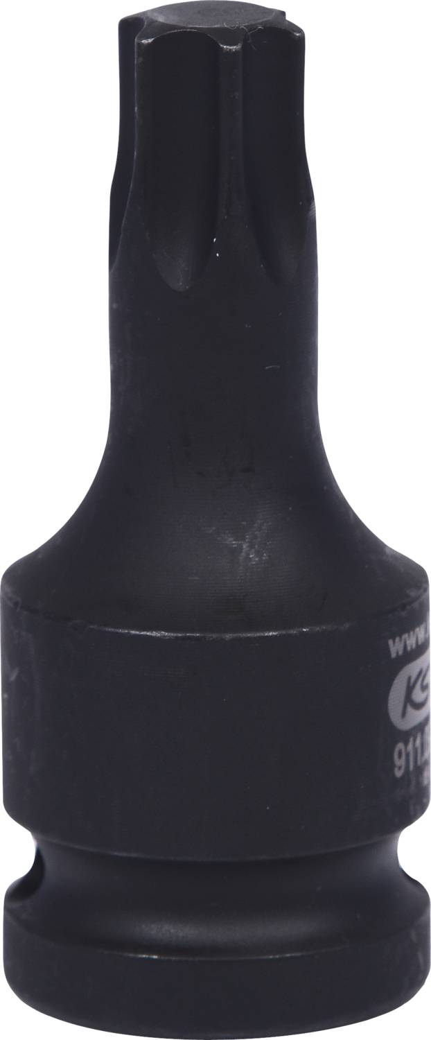 Czarny metalowy bit Torx z sześciokątnym chwytem i główką w kształcie gwiazdy.