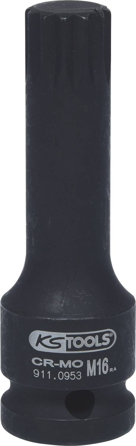 Czarna wielowypustowa nakrętka z napisem 'KS TOOLS CR-MO M16' jest przedstawiona. Ma cylindryczny kształt z szerszym końcem.