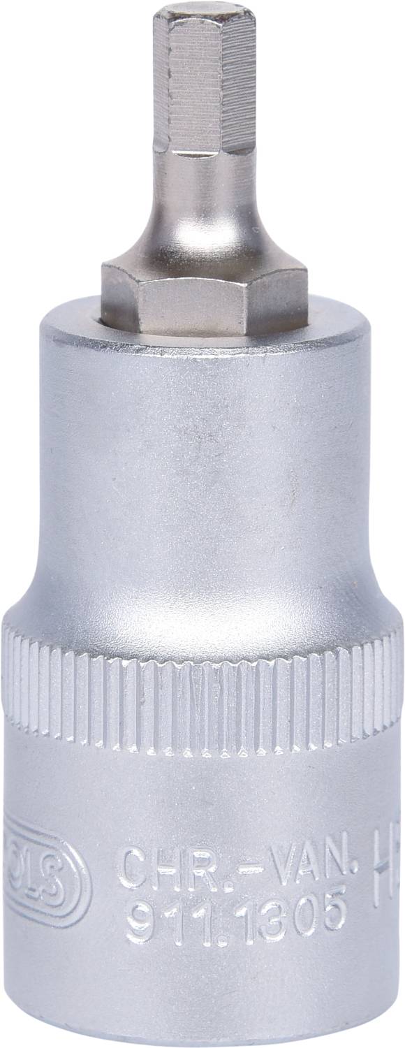 Sześciokątny klucz nasadowy z bitem wykonany ze stali chromowo-wanadowej, z rozmiarem i numerem części wygrawerowanym na boku.