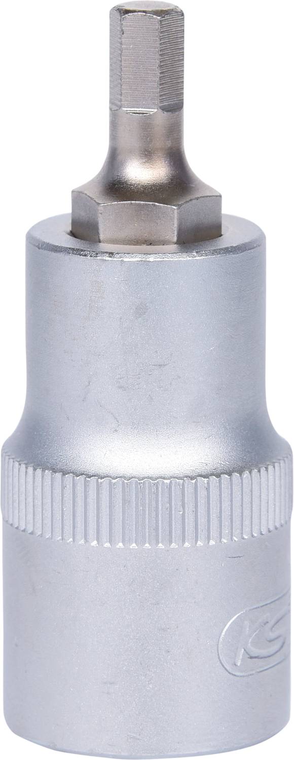 Srebrny nasadowy klucz z żłobkowanym uchwytem i sześciokątną główką. Odpowiedni do dokręcania lub odkręcania śrub.