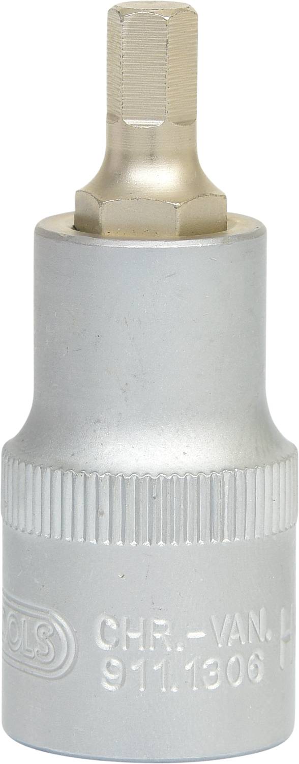 Srebrny klucz nasadowy z żłobkowanym uchwytem i sześciokątnym zakończeniem, przeznaczony do ręcznego dokręcania śrub.