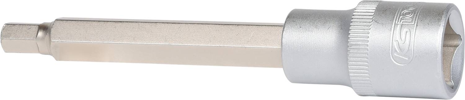 Metalowy nakładany klucz nasadowy z sześciokątnym chwytem i srebrną obudową, odpowiedni do prac śrubowych lub wiertniczych.